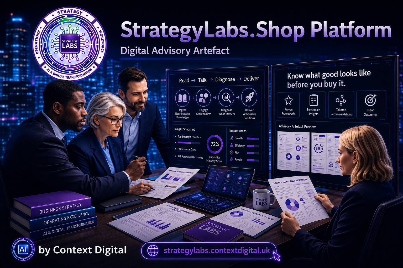 Strategy Labs advisory platform — executives reviewing a board-ready diagnostic read-out